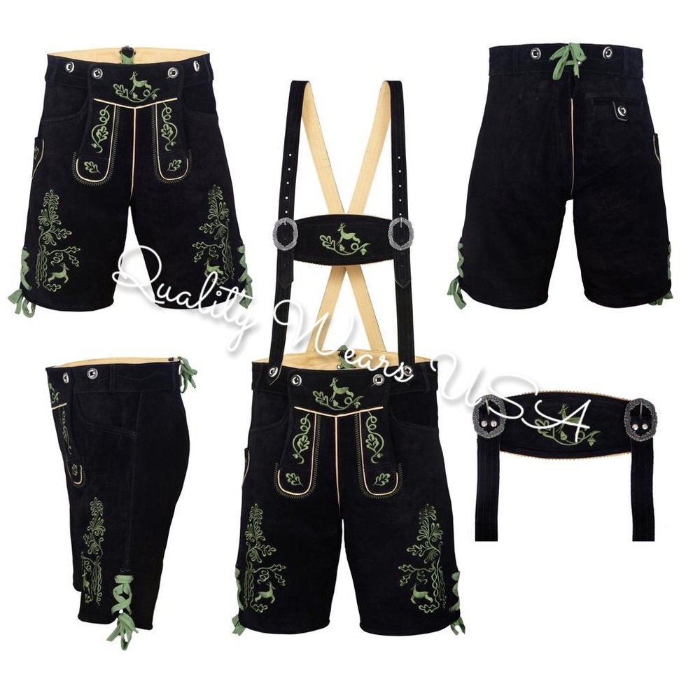 Men Oktoberfest Authentic lederhosen Deer shorts (Black & Green)